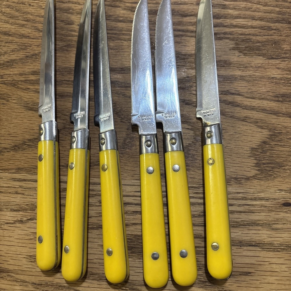 VTG Stainless Steel Steak Knife 8" Yellow‎ Rivited Serrated Taiwan Set Of 6
